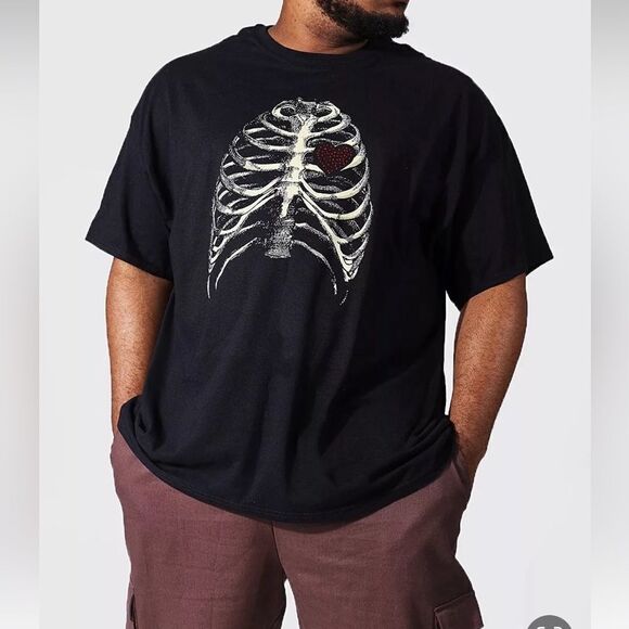Boohoo Mens Other - Boohoo Mens Black Oversized Skelton Heart Rhinestone T-Shirt